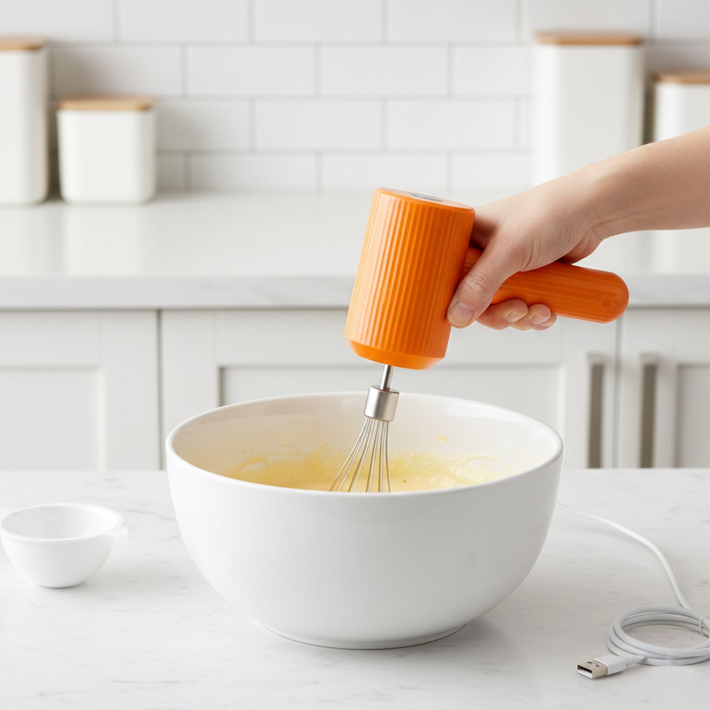 Wukusy portable USB rechargeable electric handheld whisk mixer with stainless steel beaters on a white background.