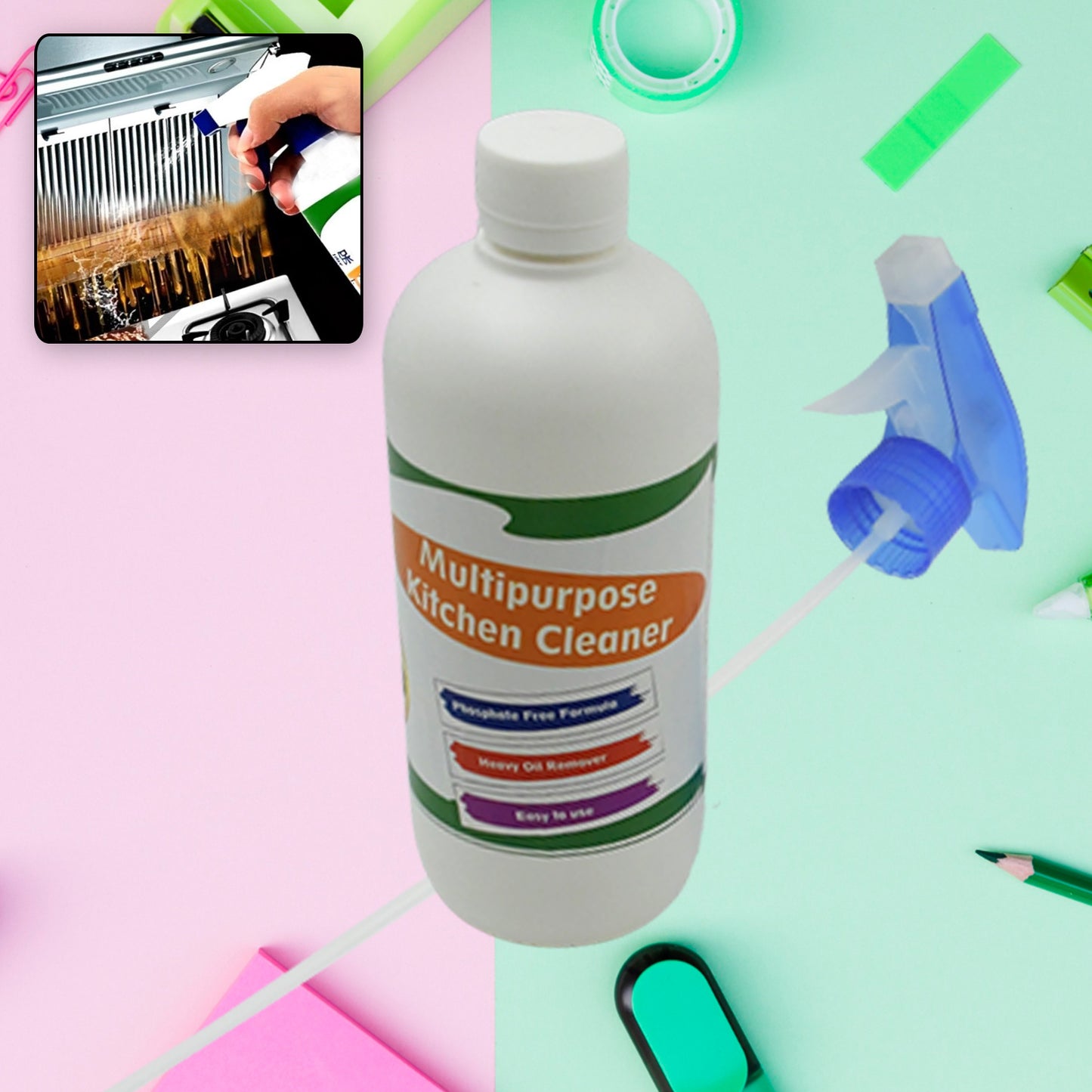 Wukusy Kitchen Cleaner Spray for grease and stains, non-flammable degreaser for stove and chimney, 500ml bottle.