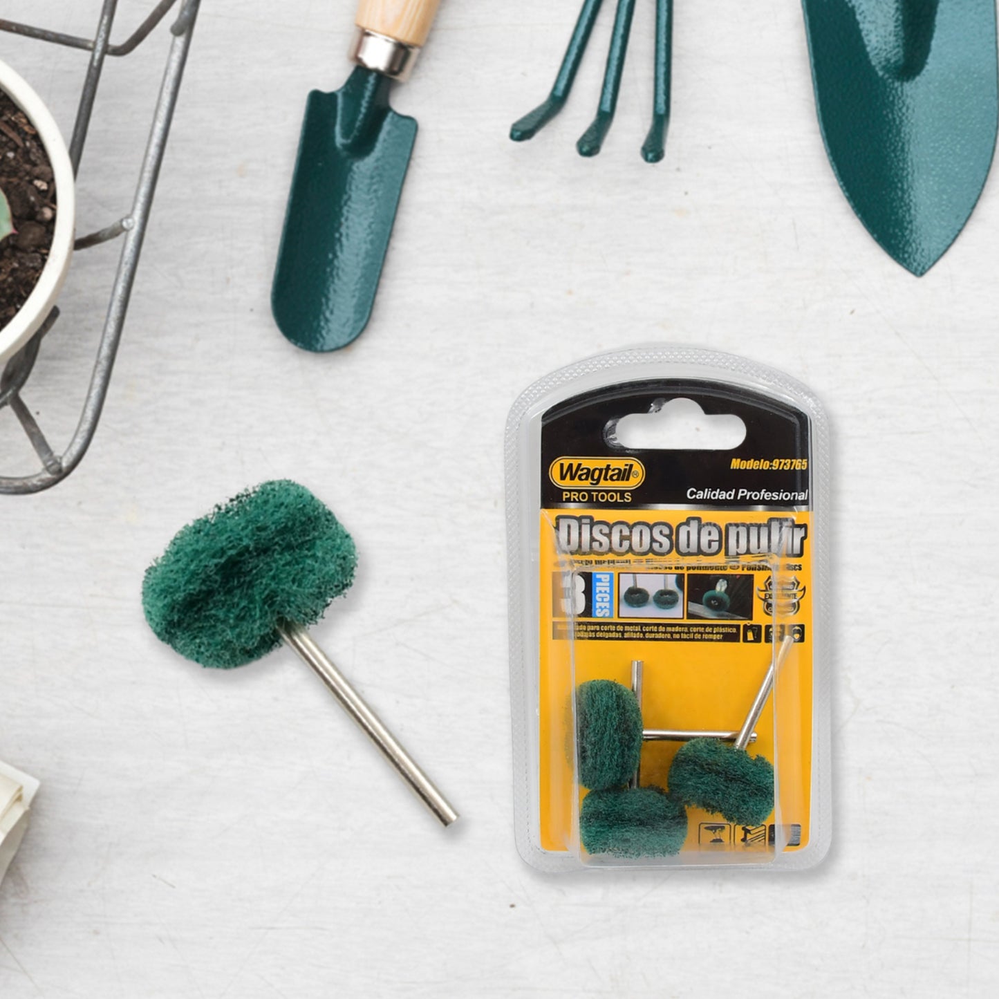 Set of three Wukusy abrasive buffing and polishing wheels for home improvement projects, ideal for metal and surface finishing.