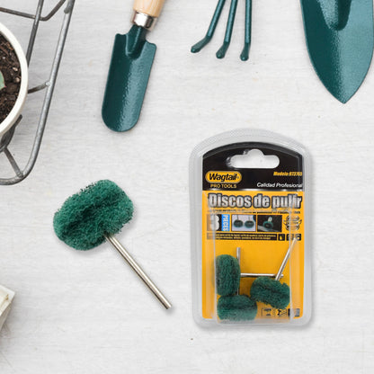 Set of three Wukusy abrasive buffing and polishing wheels for home improvement projects, ideal for metal and surface finishing.