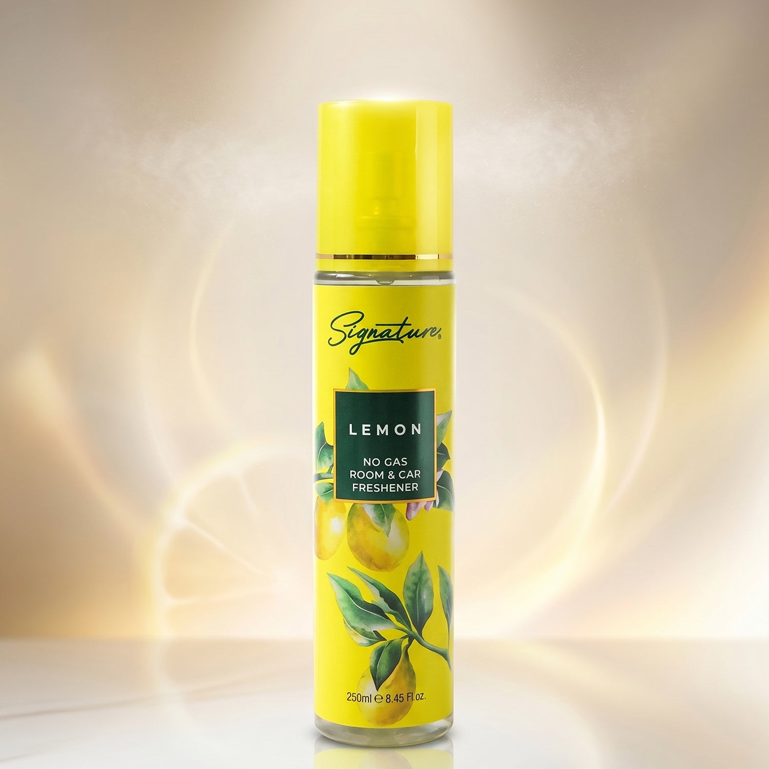 Wukusy Signature Lemon Room Car Freshener Spray 250ml with lemon scent, spray nozzle, and label on the bottle.