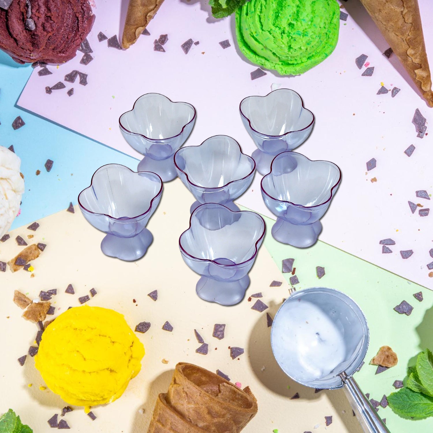 Set of six Wukusy modern plastic dessert ice cream bowls for home, office, or party use, featuring sleek contemporary design.