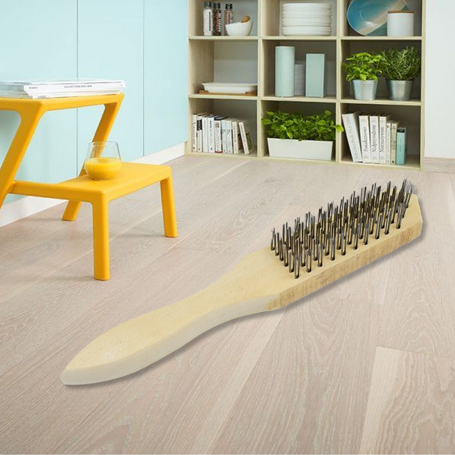 Steel wire brush with wooden handle by Wukusy, featuring metal bristles for cleaning and scrubbing tasks.