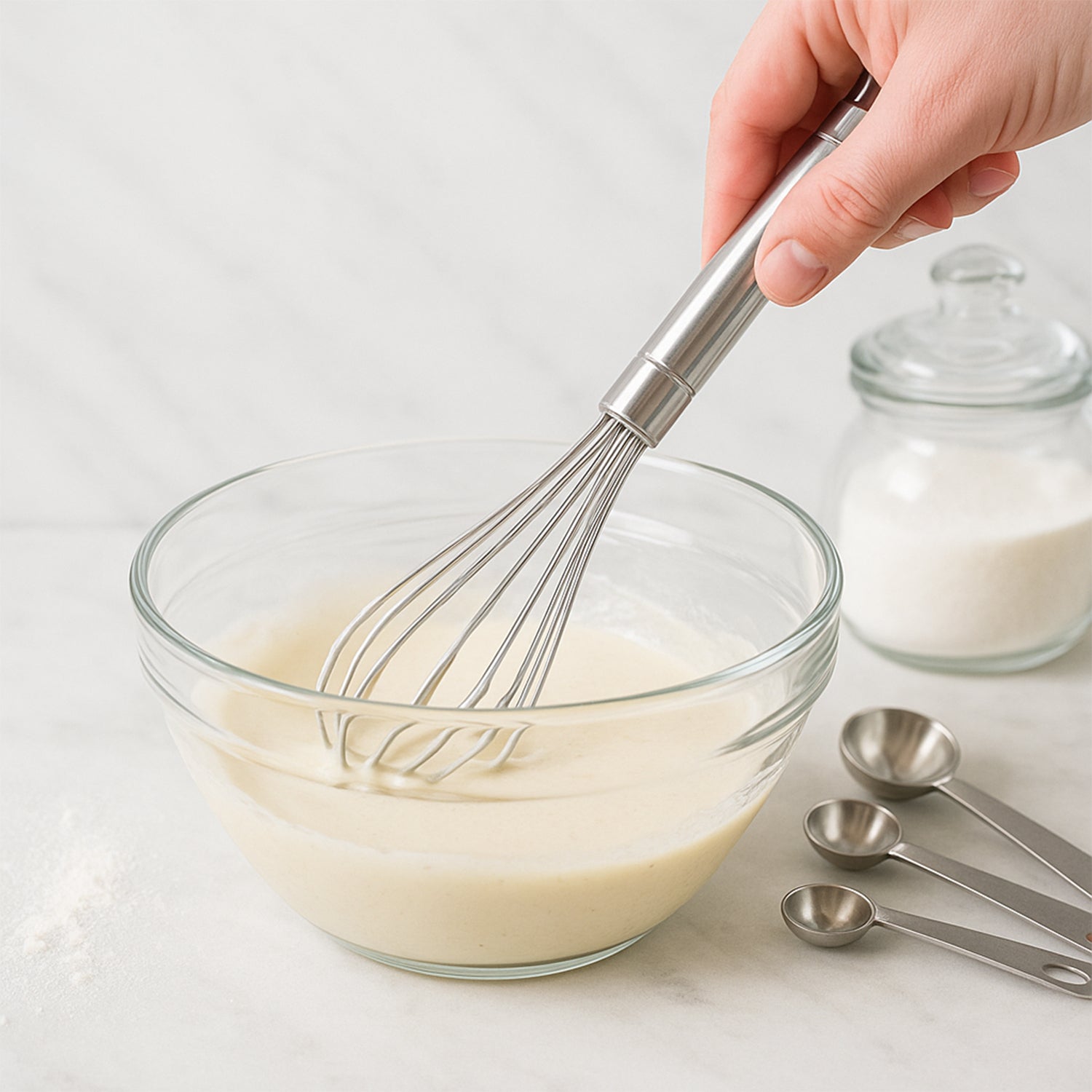 Wukusy Apex stainless steel small hand whisk for mixing and whisking in home and kitchen baking tasks.