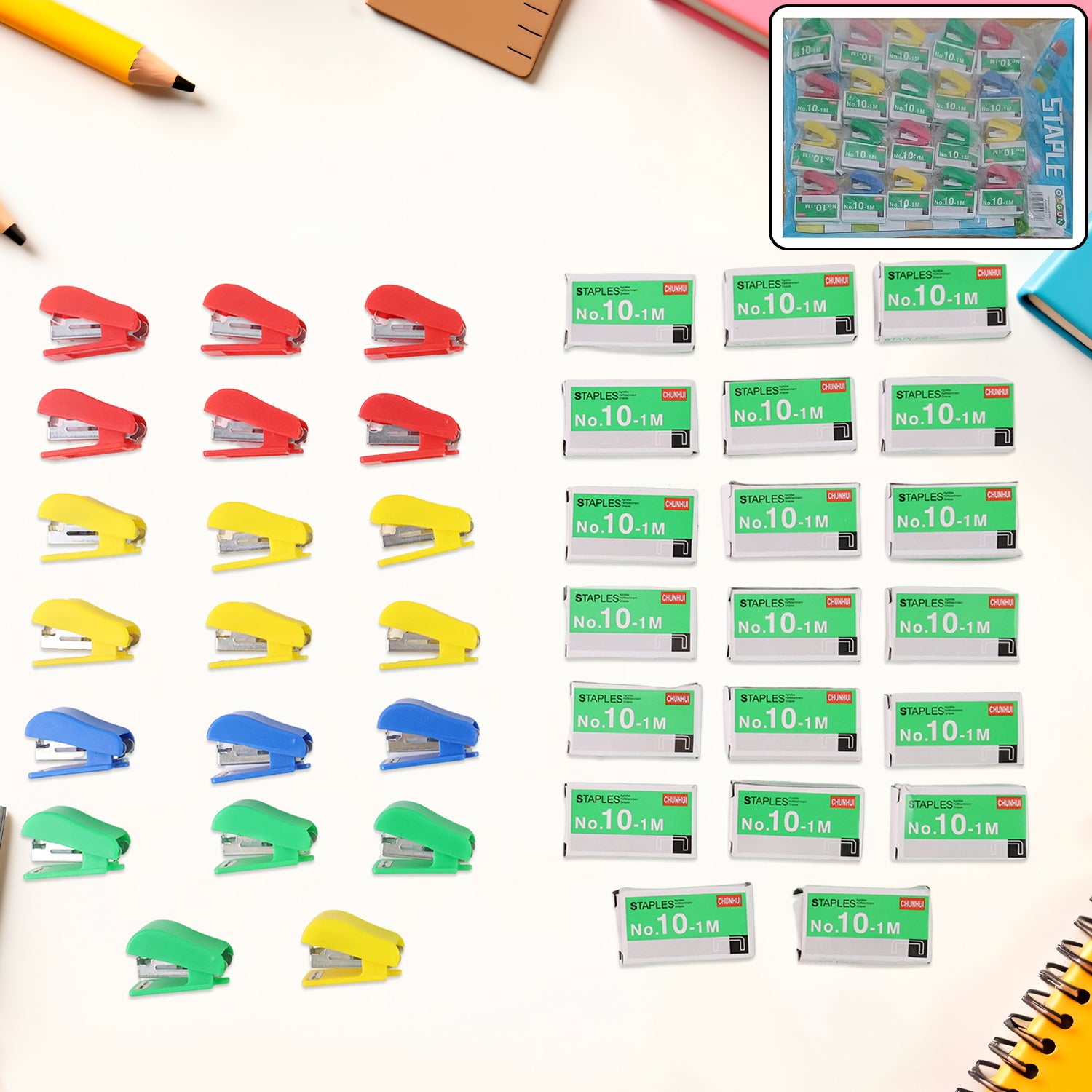 Wukusy mini stapler set with assorted colorful No.10 staplers and pins, 20-piece office stationery kit for securing papers.