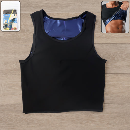 Men's slim fit sweat shaper tank top by Wukusy, XXL size, close-up showing soft fabric and snug fit for health and beauty.