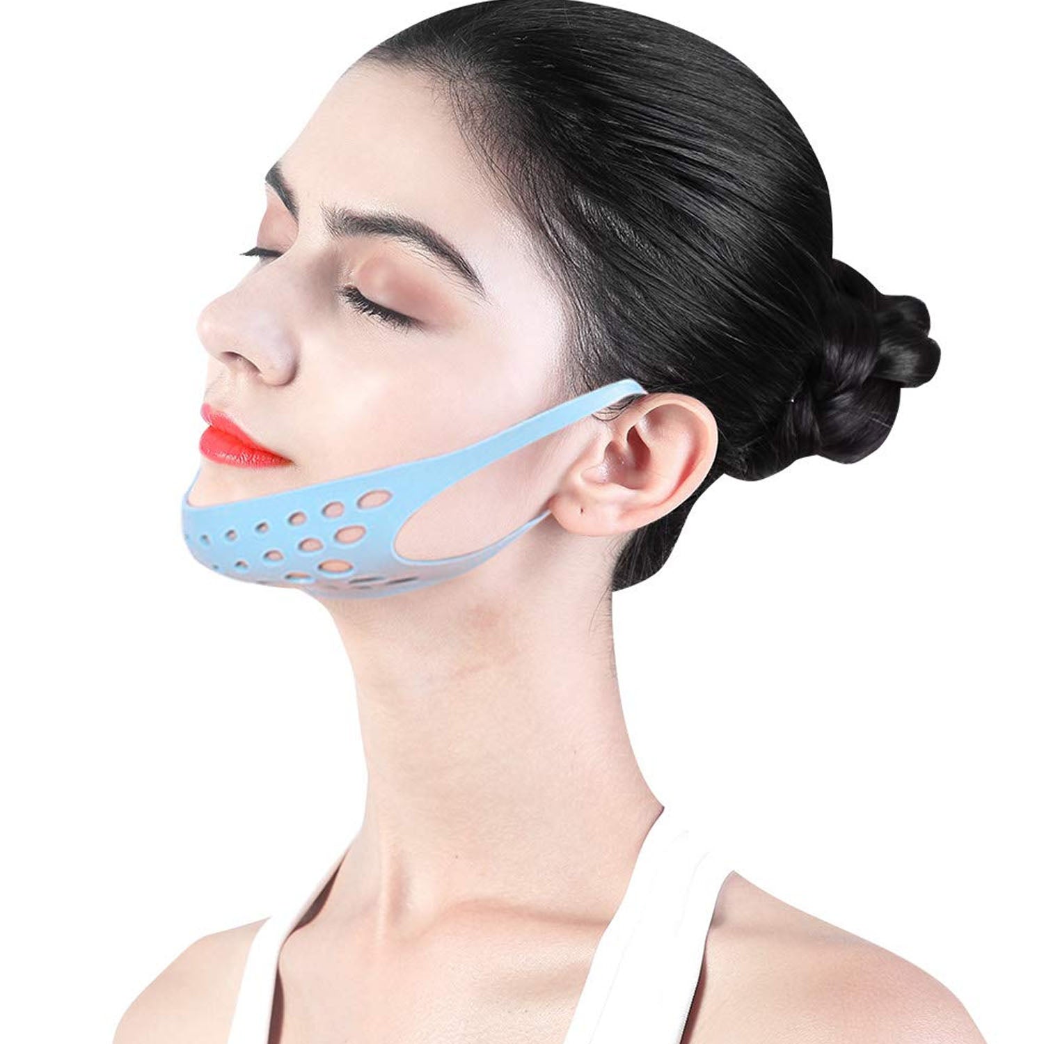 Wukusy reusable face mask ear saver strap attached to a blue face mask, helping reduce ear pressure and improve comfort.