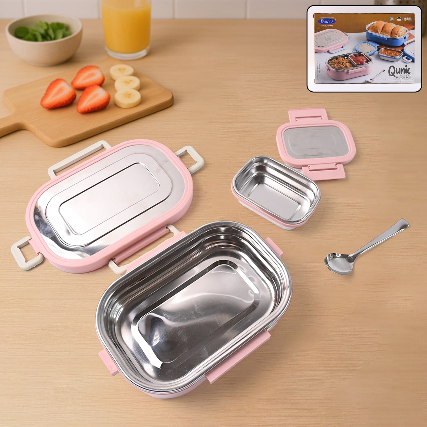 Wukusy 5588 Miracle Carry Lunch Box with two compartments, microwave safe, includes insulated bag, 400 ml capacity, two-piece set
