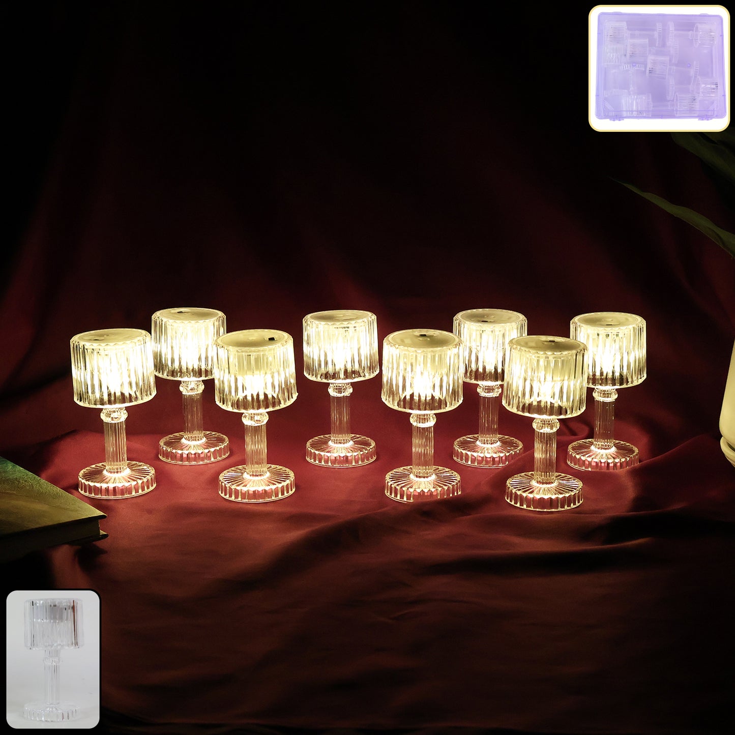 Set of 8 Wukusy LED crystal-effect table lamps for home decor, showcasing elegant, modern lighting with sparkling crystal details.