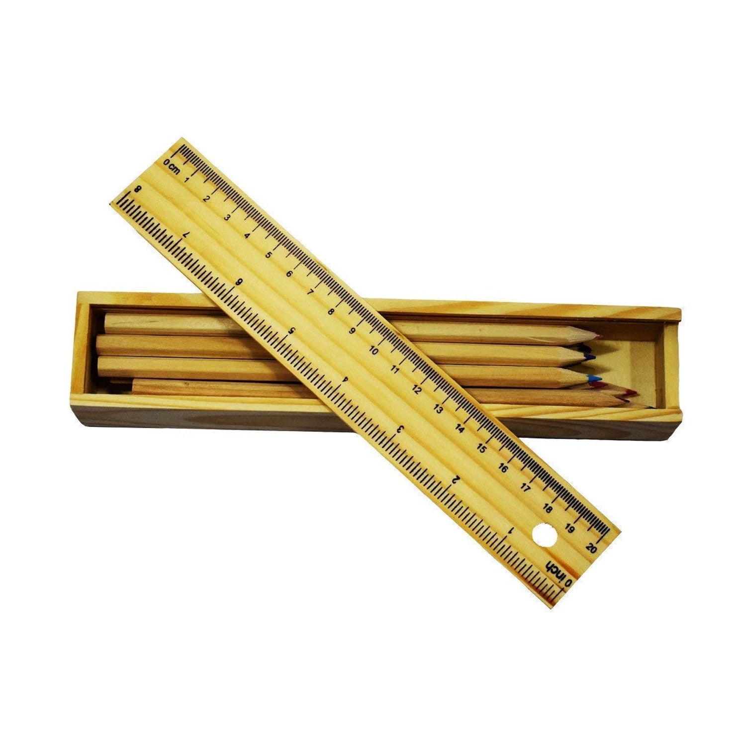 Colorful wooden pencil set with pencil box, ruler, and sharpener by Wukusy, suitable for kids, artists, and architects.