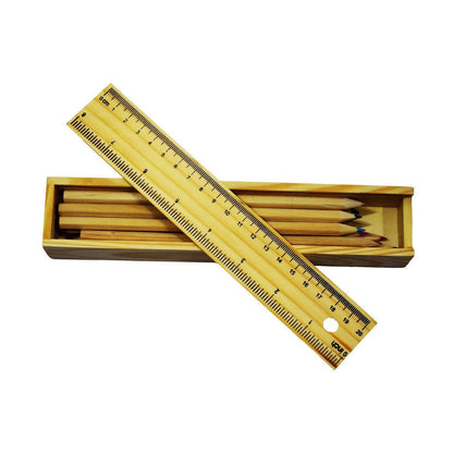 Colorful wooden pencil set with pencil box, ruler, and sharpener by Wukusy, suitable for kids, artists, and architects.
