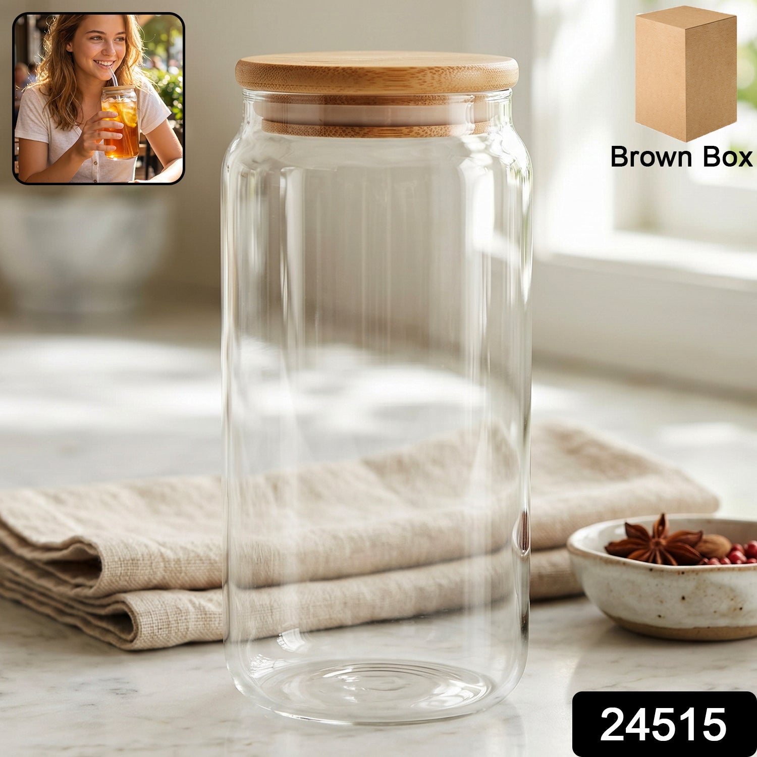 Wukusy airtight glass storage jar with bamboo wooden lid for kitchen canister, clear glass container for pantry storage