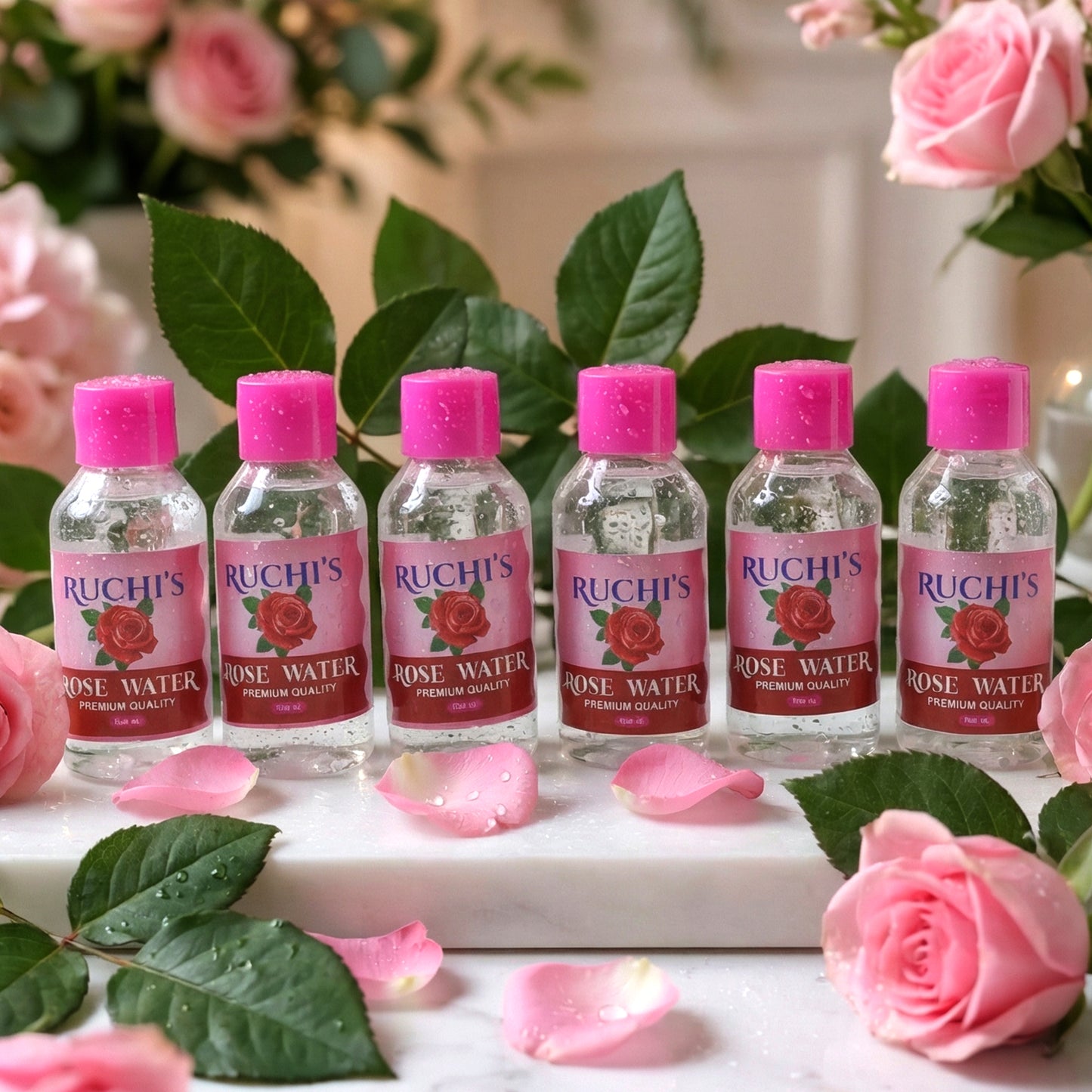 Wukusy Premium Rose Water Face Cleanser bottles, 6 pack of 100ml each, with rose petals and cleanser in clear bottles.