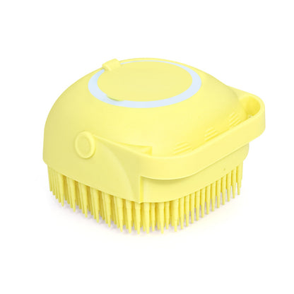 Wukusy silicone massage bath body brush with built-in shampoo dispenser, featuring textured bristles for gentle cleansing and massaging.