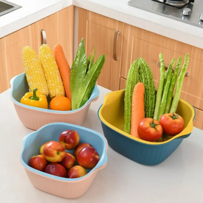 Ekom plastic kitchen bowl with strainer drainer basket for washing and rinsing, ideal for home kitchen use
