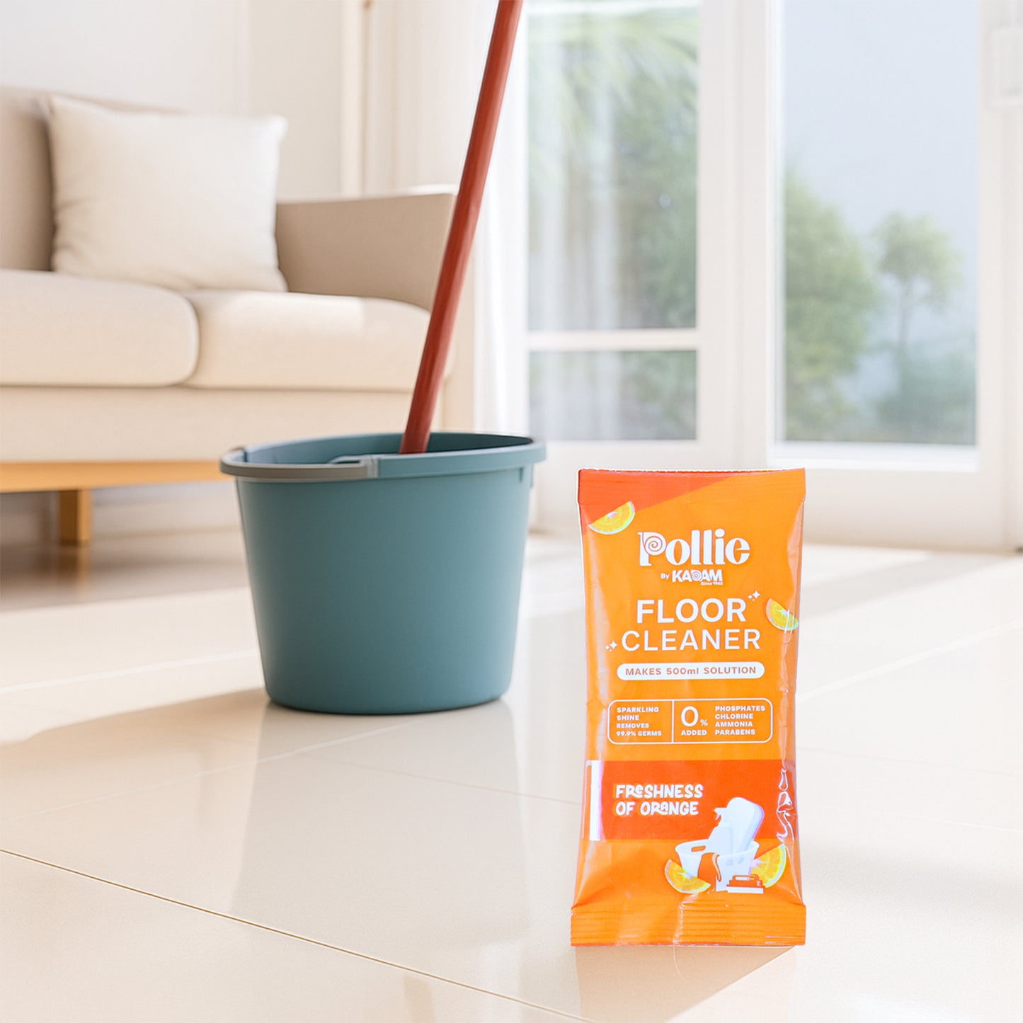 Wukusy Pollic Kadam concentrated floor cleaner sachet with orange fresh fragrance, 50g, for home cleaning and maintenance.