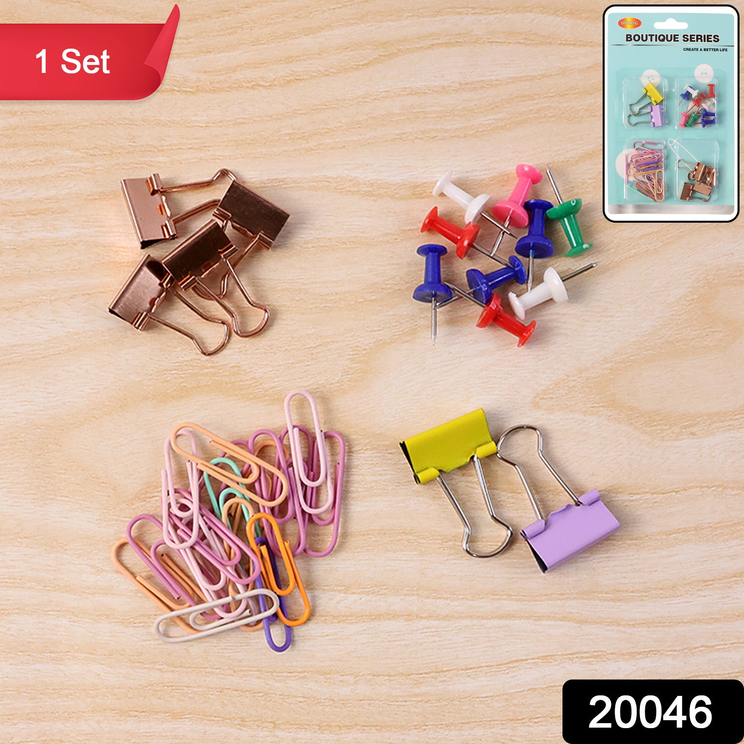 Wukusy office stationery clips and pins combo set with assorted metal clips and colorful push pins on a white background