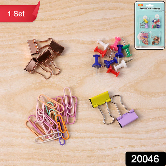 Wukusy office stationery clips and pins combo set with assorted metal clips and colorful push pins on a white background