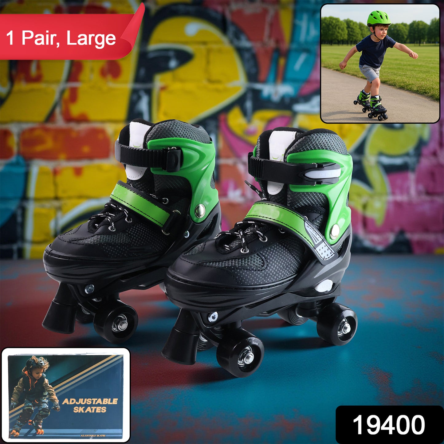 Adjustable Wukusy quad roller skates for kids, large size, with four wheels and supportive straps for fun outdoor skating.