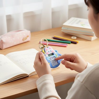 Wukusy cute cartoon bunny calculator keychain with mini digital display, featuring a playful bunny design and compact size.