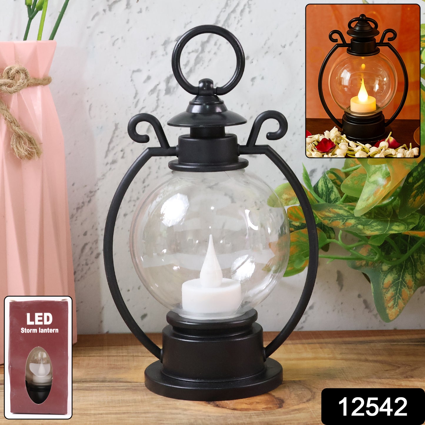 Wukusy LED storm lantern decorative light, black metal design with glass panels, suitable for outdoor or indoor ambiance.