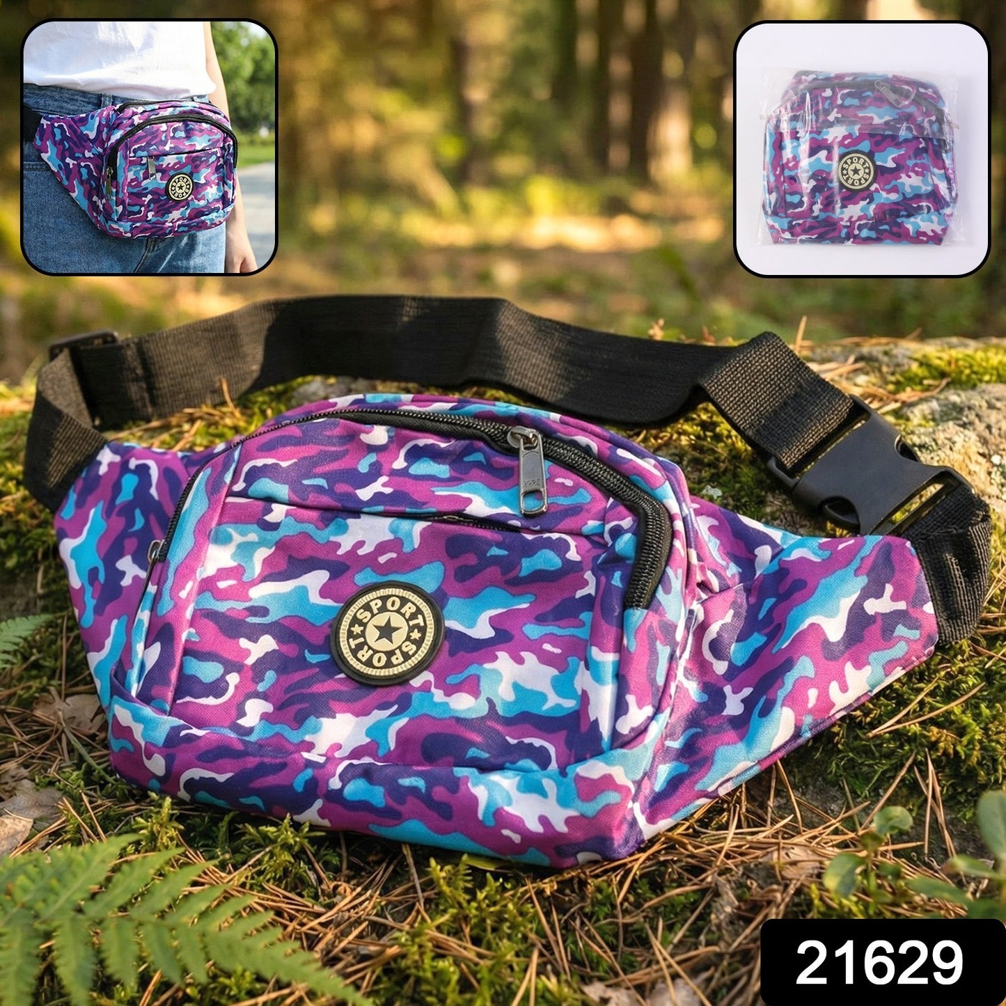 Camouflage print waist bag by Wukusy with adjustable strap and multiple compartments, shown from front view.