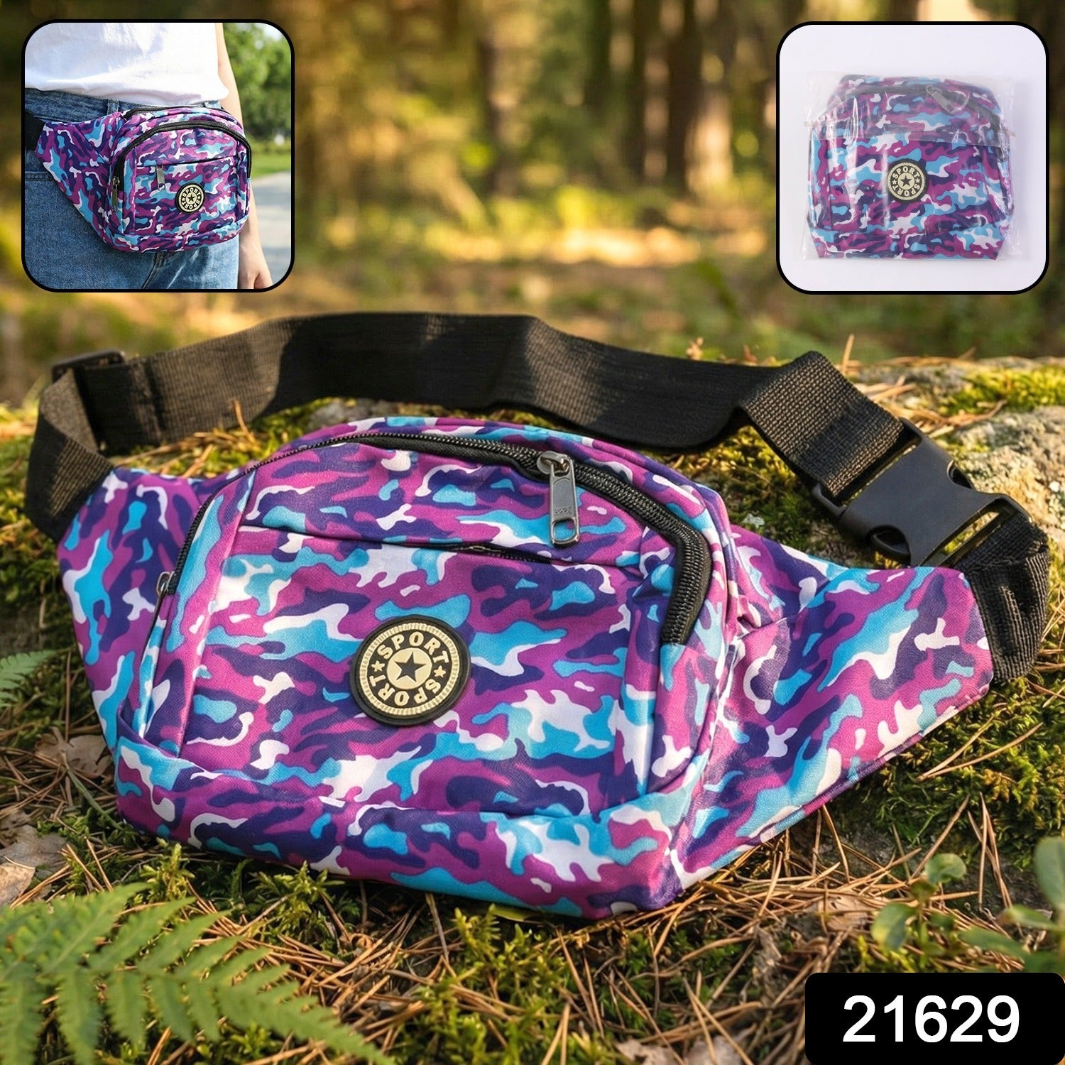 Camouflage print waist bag by Wukusy with adjustable strap and multiple compartments, shown from front view.