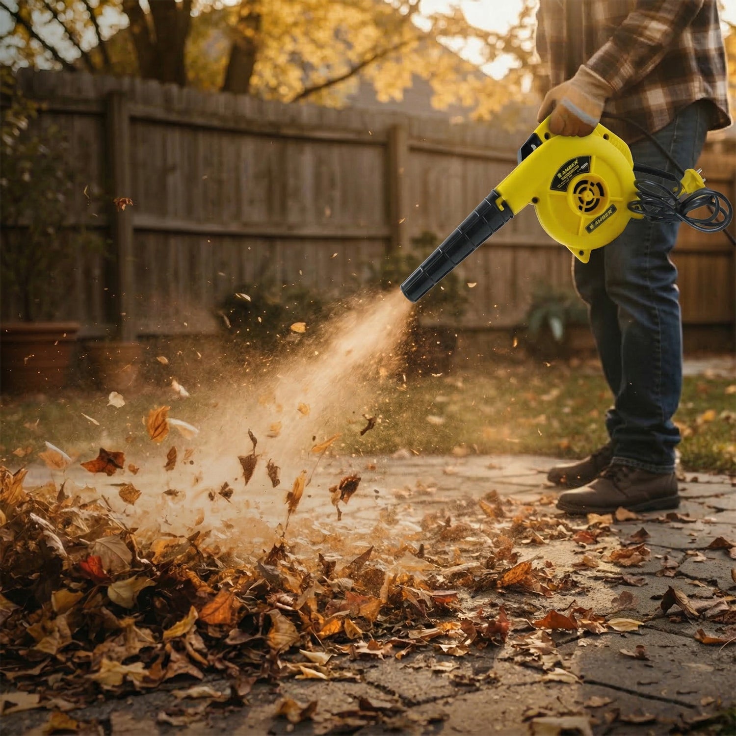 Wukusy Amber High Power Electric Dust Cleaning Air Blower with 550W motor, shown in use for cleaning dust from surfaces.
