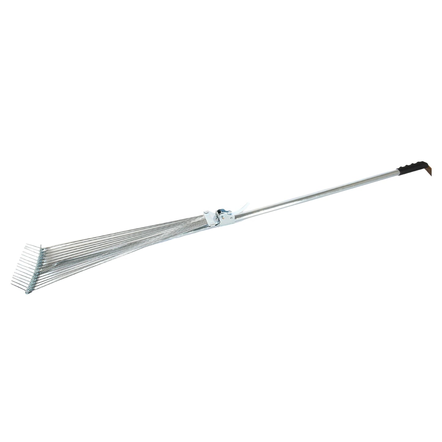 Wukusy stainless steel telescopic garden rake with adjustable claws and long handle for lawn and yard leaf cleanup.