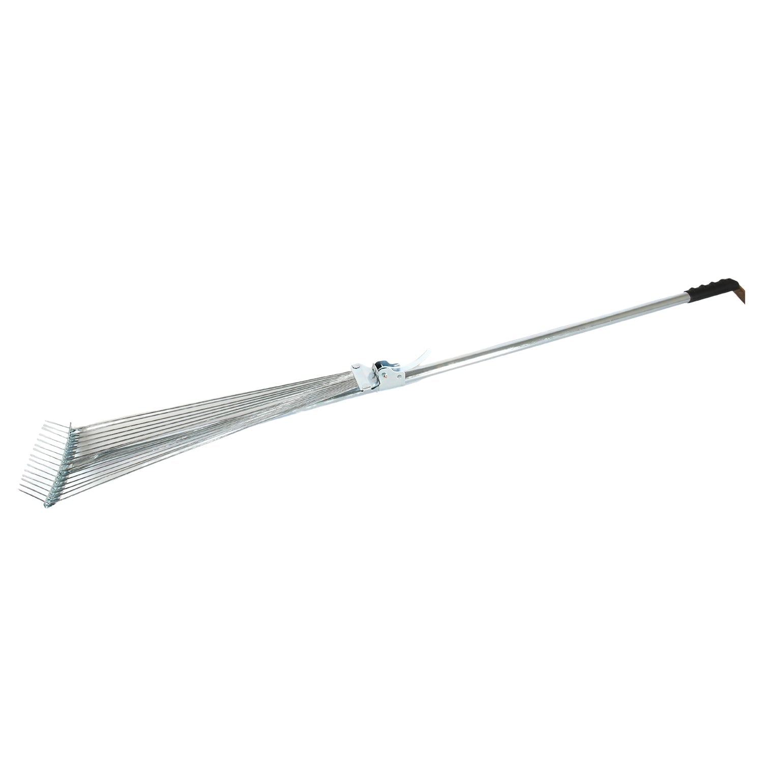 Wukusy stainless steel telescopic garden rake with adjustable claws and long handle for lawn and yard leaf cleanup.