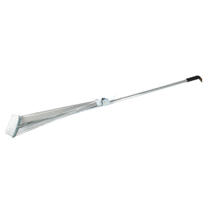 Wukusy stainless steel telescopic garden rake with adjustable claws and long handle for lawn and yard leaf cleanup.