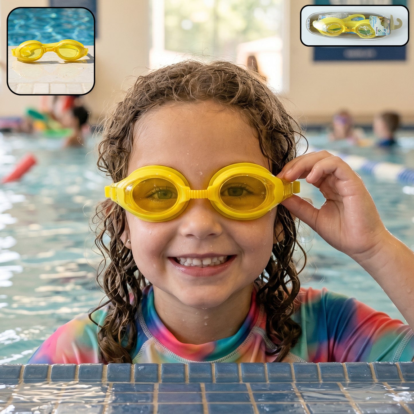 Kids colorful swimming goggles with anti-leak seal and adjustable strap, featuring vibrant colors and clear lenses by Wukusy.