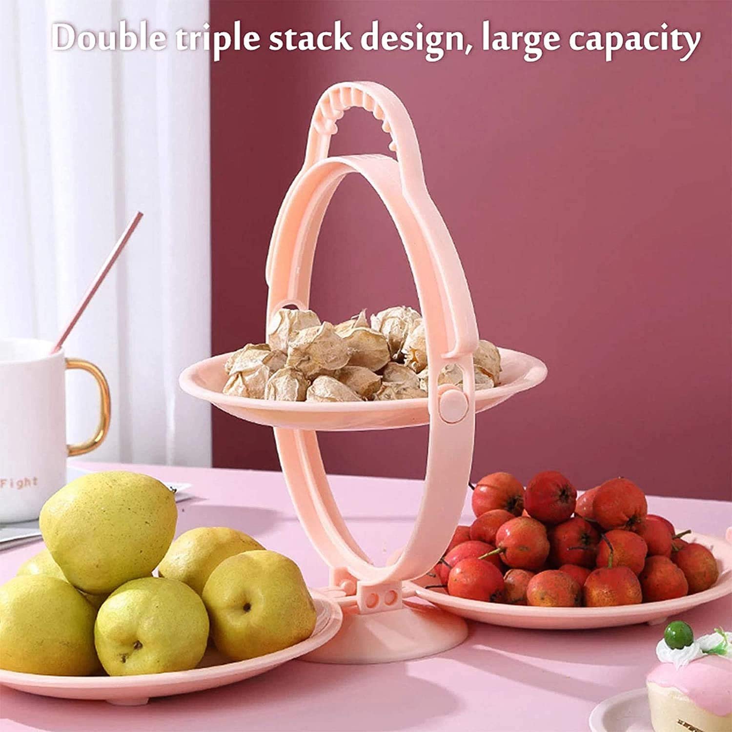 Wukusy 3-layer foldable snack and dessert serving stand with multiple trays for fruits and treats, collapsible for easy storage.