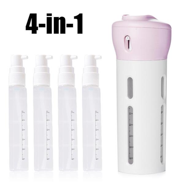 Wukusy 4-in-1 travel dispenser bottle set with refillable cosmetic containers for toiletries and liquids, compact and portable.