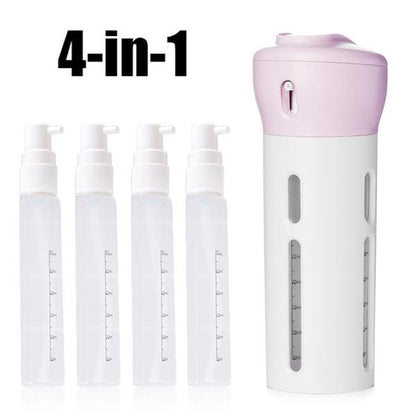 Wukusy 4-in-1 travel dispenser bottle set with refillable cosmetic containers for toiletries and liquids, compact and portable.