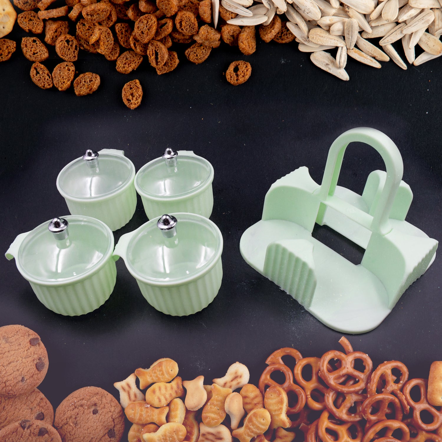 Wukusy 4-piece multipurpose plastic storage jars for dry fruits, candies, and snacks with airtight lids for home and kitchen use.