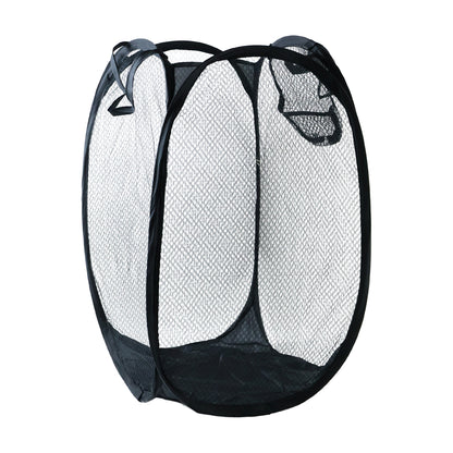 Wukusy foldable mesh laundry basket storage hamper with handles, 34x34x57 cm, lightweight and breathable for laundry organization.