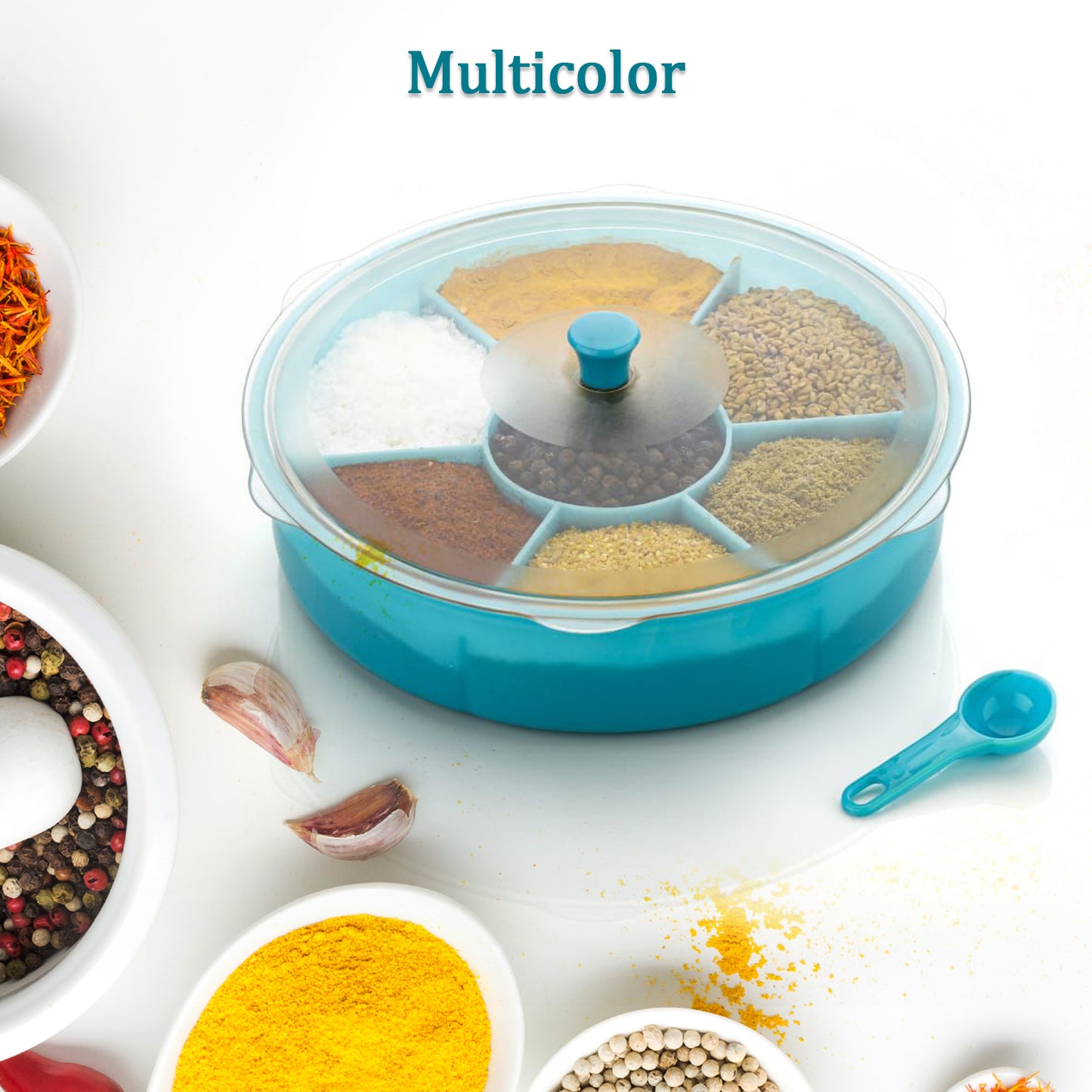 Wukusy 2061 multi-purpose dry fruit and masala box with a single spoon, compact kitchen storage container for spices and dry fruits.