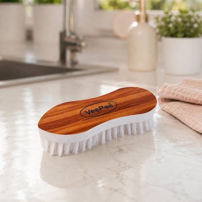 Wukusy Veepee ergonomic cloth washing brush with wooden handle and soft bristles for gentle cleaning of fabrics and textiles.