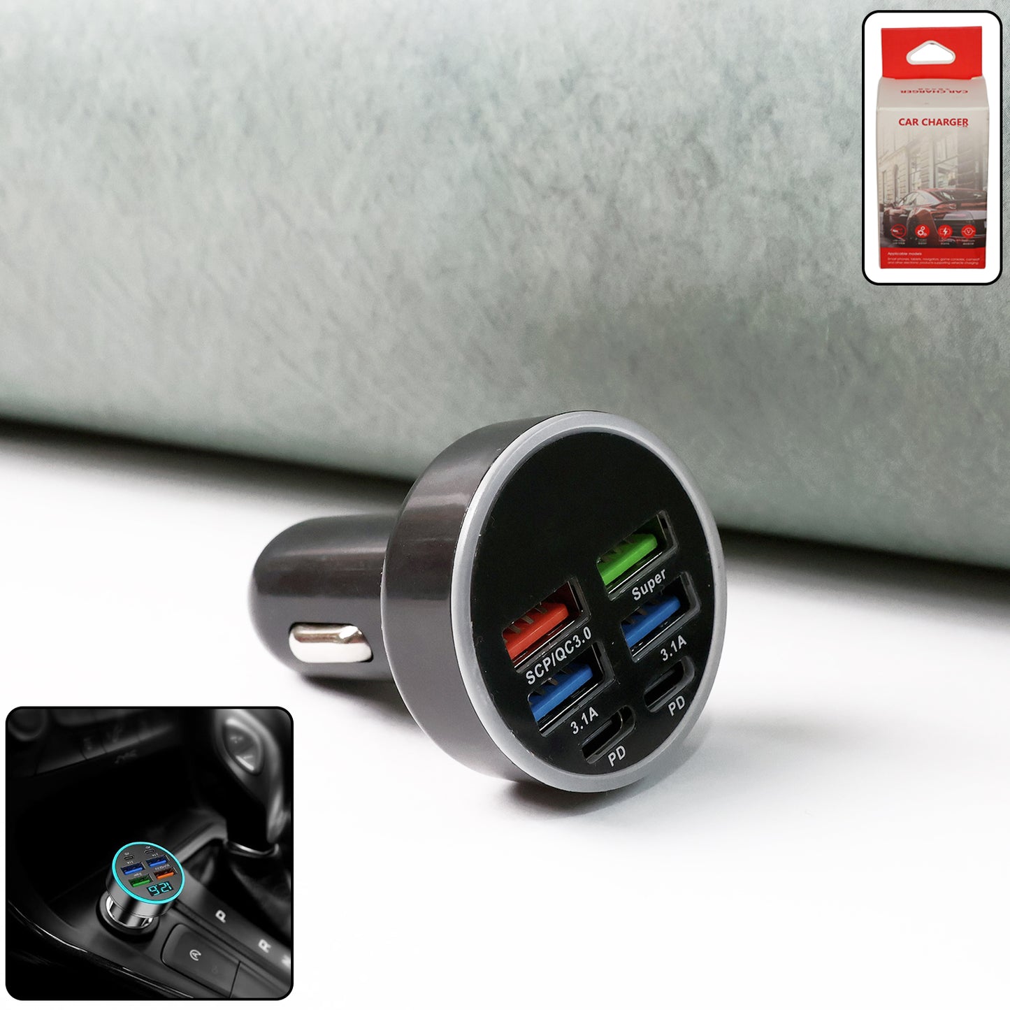 Wukusy multi-port fast car charger with four USB ports, automotive smart adapter for 12v and 24v vehicles, compact design