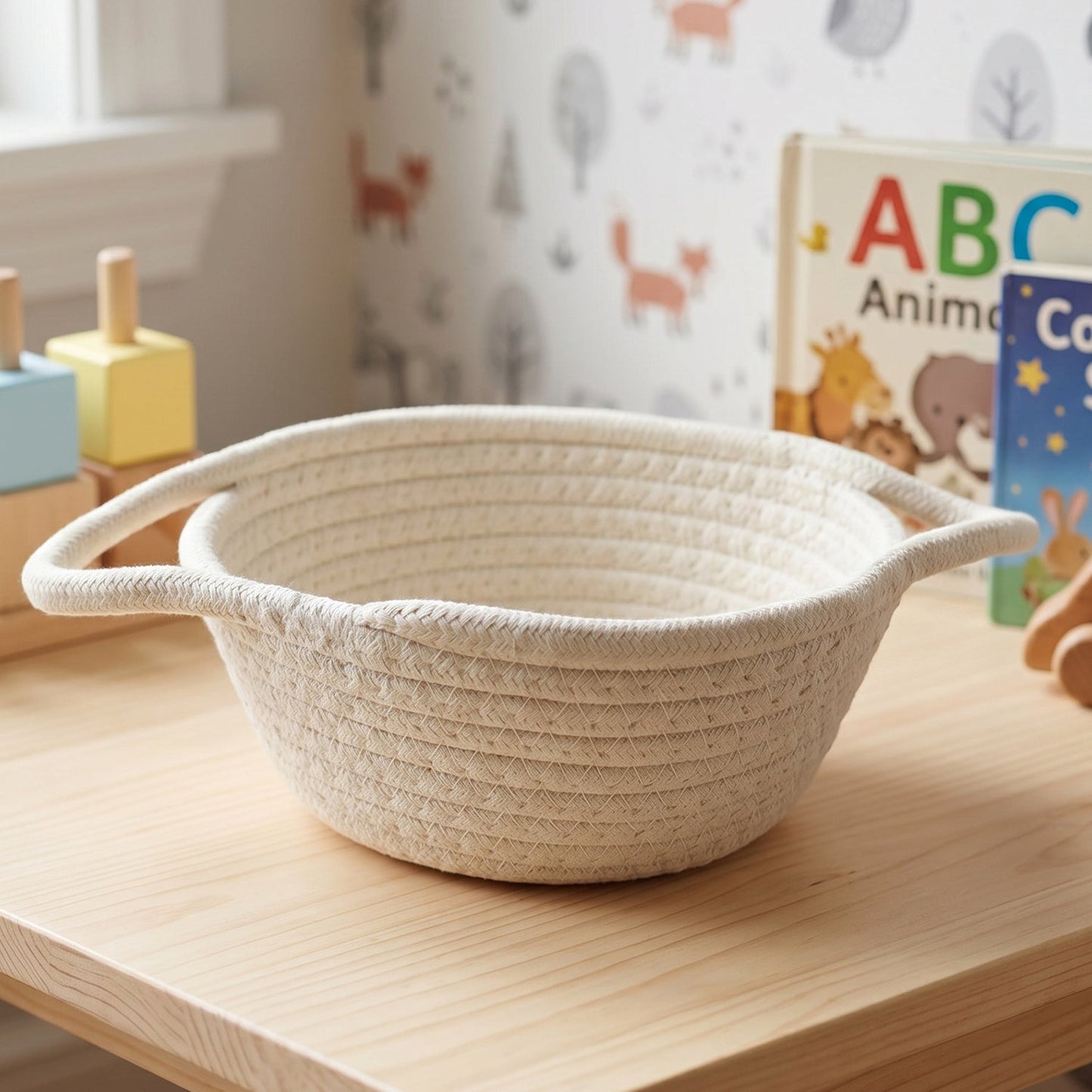 Wukusy cotton rope woven storage basket with handles, ideal for organizing toys and household items.