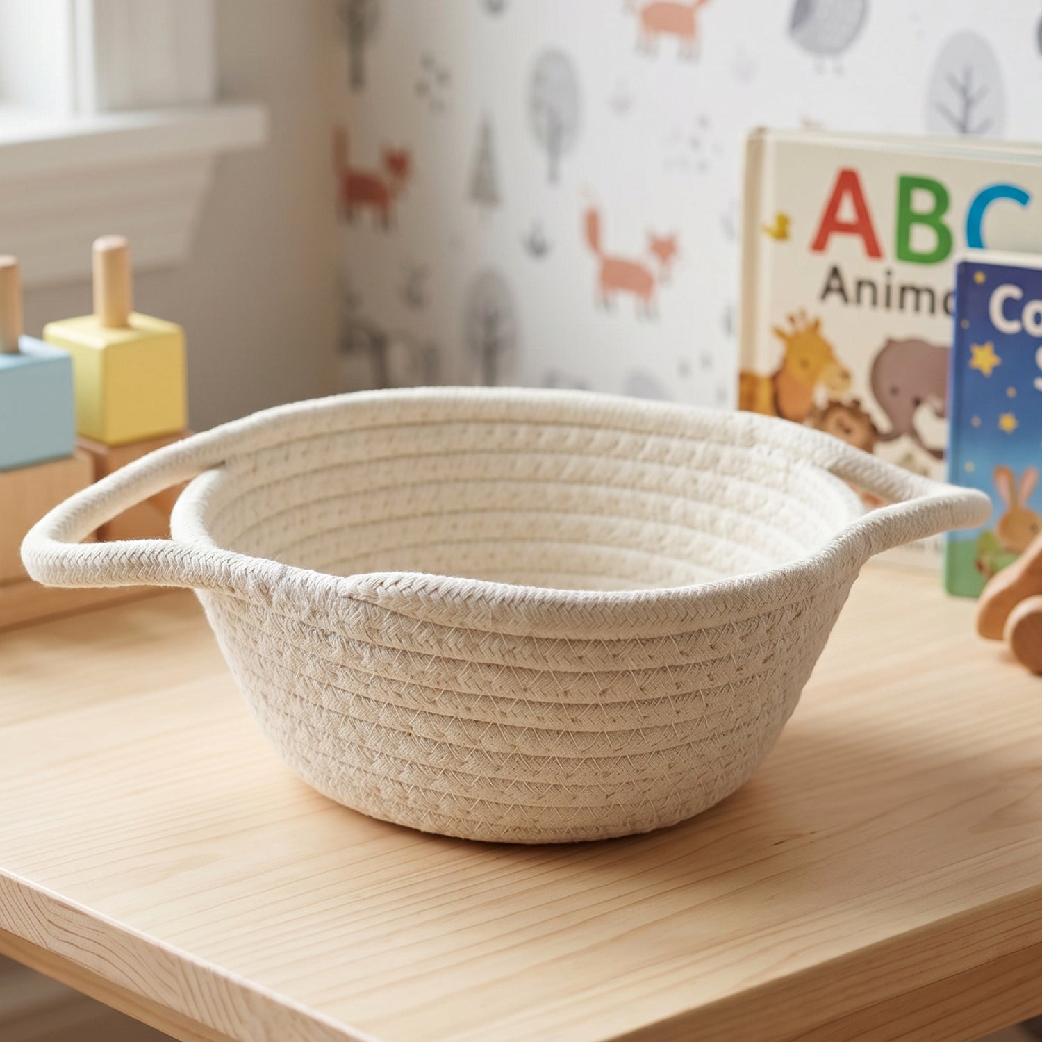 Wukusy cotton rope woven storage basket with handles, ideal for organizing toys and household items.