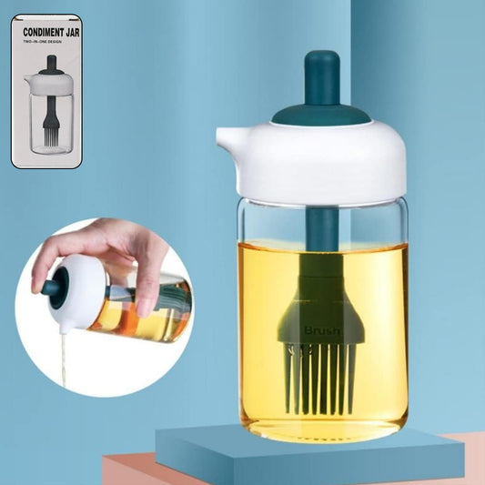 Wukusy 2-in-1 glass oil dispenser jar with brush, clear bottle for cooking oil and cleaning in a kitchen setting