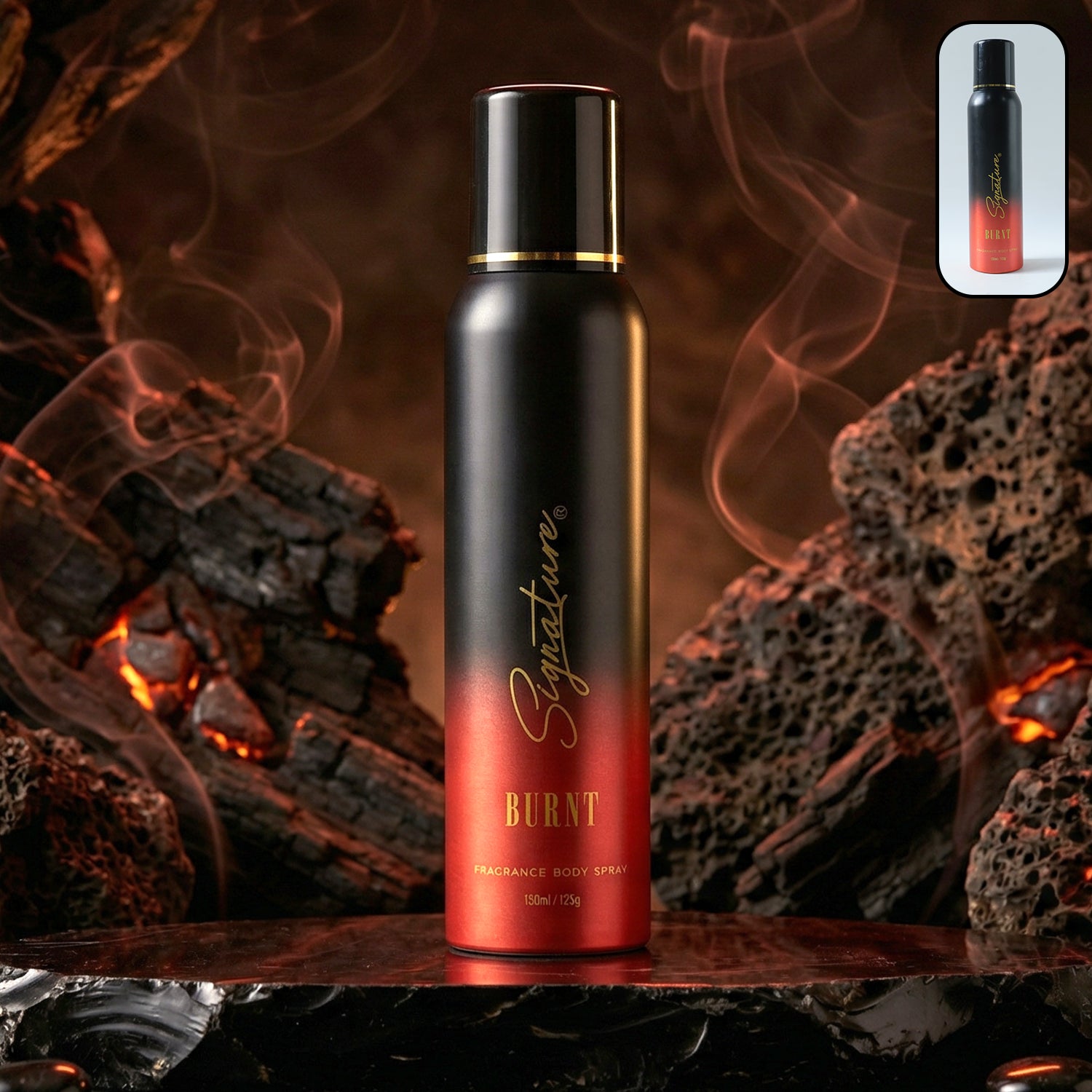 Wukusy Signature Premium Burnt Fragrance Body Spray for Men, 150ml, showing the sleek black spray bottle with label details