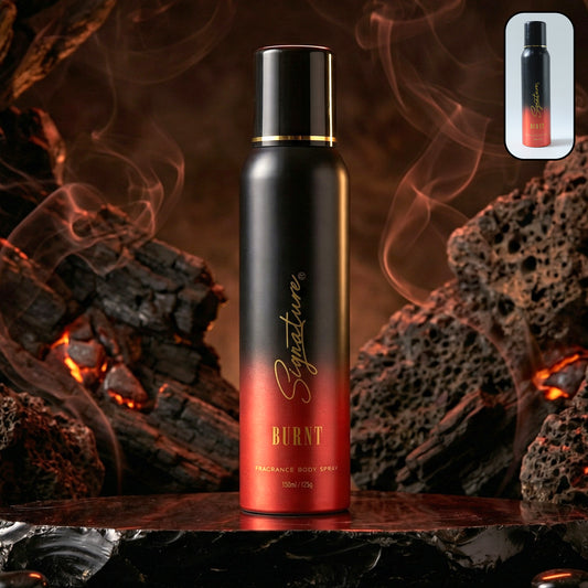 Wukusy Signature Premium Burnt Fragrance Body Spray for Men, 150ml, showing the sleek black spray bottle with label details