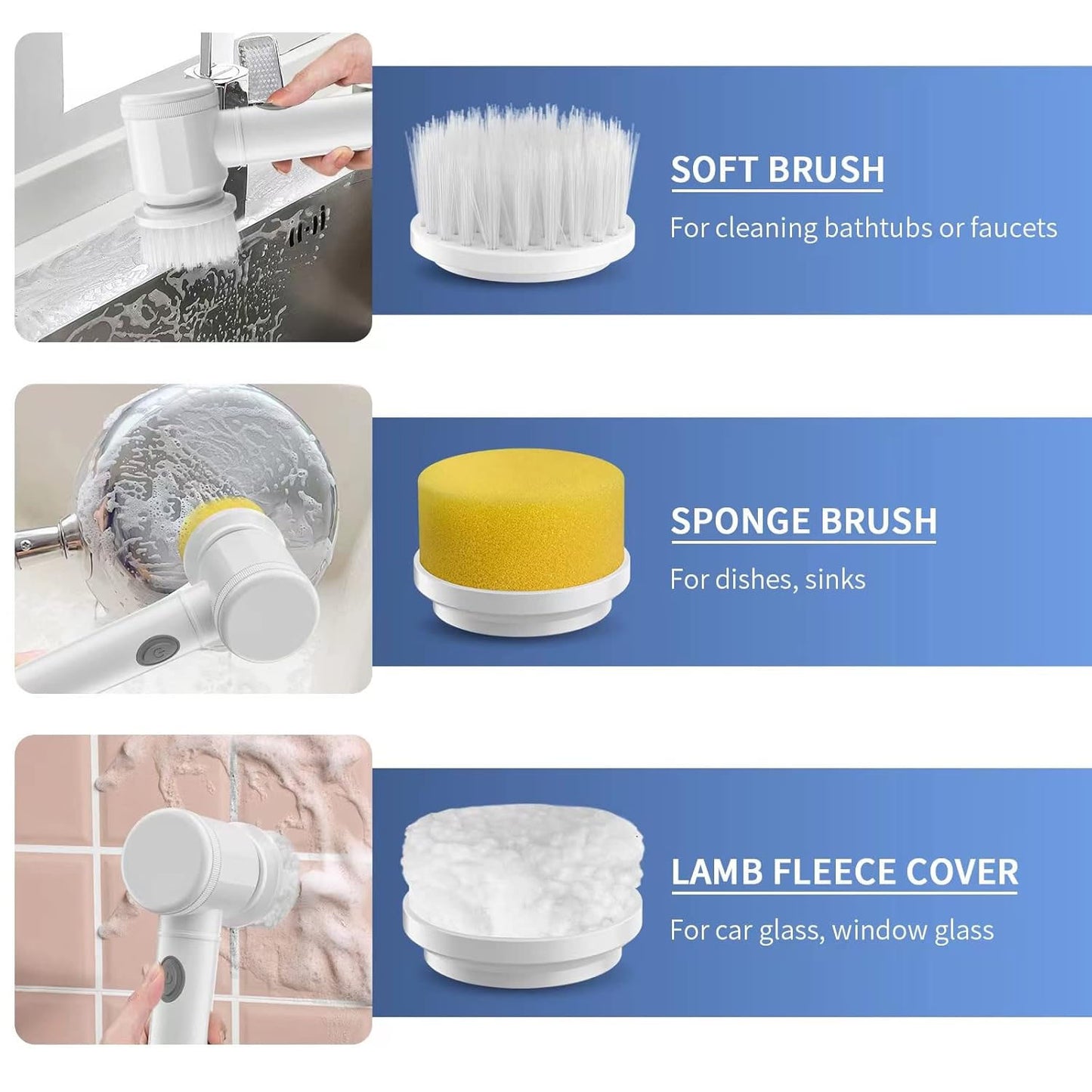 Wukusy 5-in-1 electric spin cleaning brush with multiple replaceable heads for versatile household cleaning.