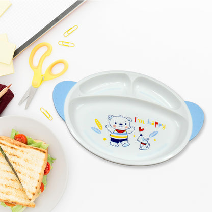 Wukusy 5-in-1 baby feeding set with cartoon design plates, cups, spoons, and forks for kids and toddlers, microwave and dishwasher safe.