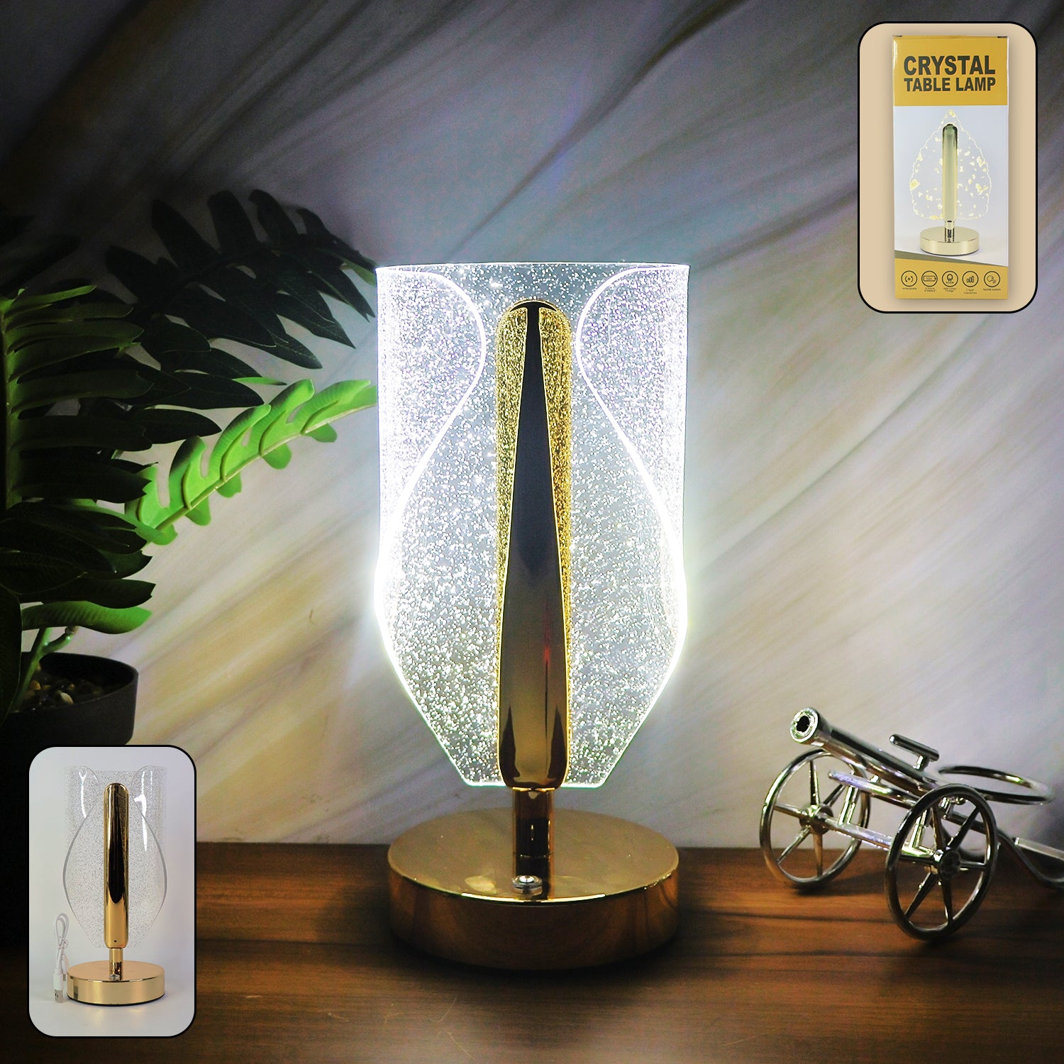 Wukusy luxury crystal table lamp with USB charging port, elegant home decor lighting, clear crystal base and soft illumination