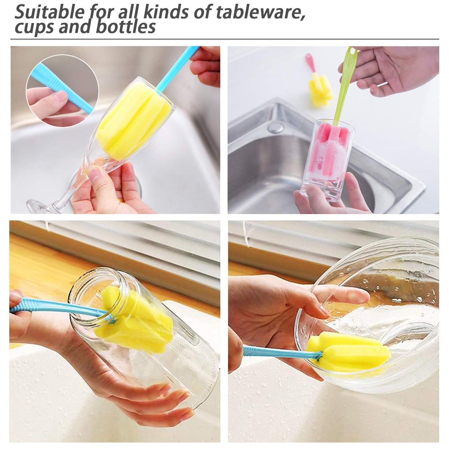 Wukusy 20cm sponge cup washing brush with soft sponge head for cleaning milk bottles, tea cups, and kitchen water cups.