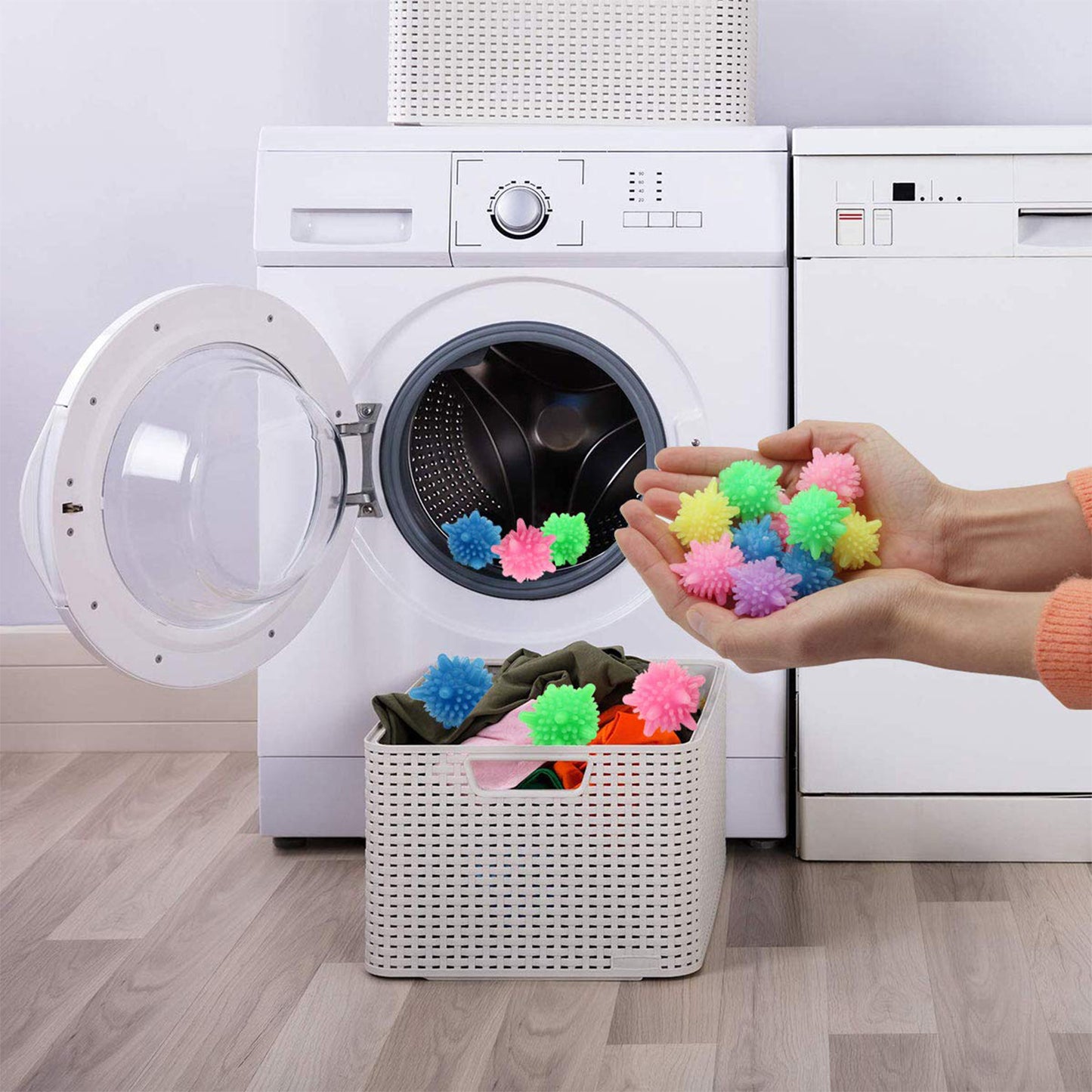 Set of 50 Wukusy reusable laundry washing balls in mixed colors, designed for eco-friendly home laundry use.